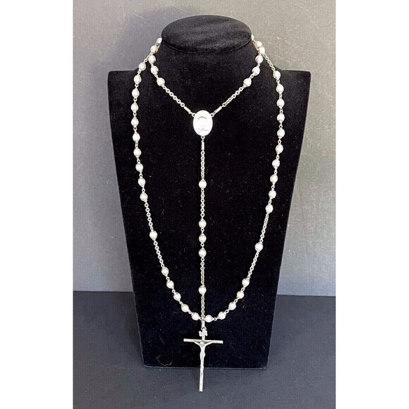 Vintage Sterling Silver Rosary White Beads with Crucifix 27.5" Long Cross 2" 55g - Picture 1 of 10